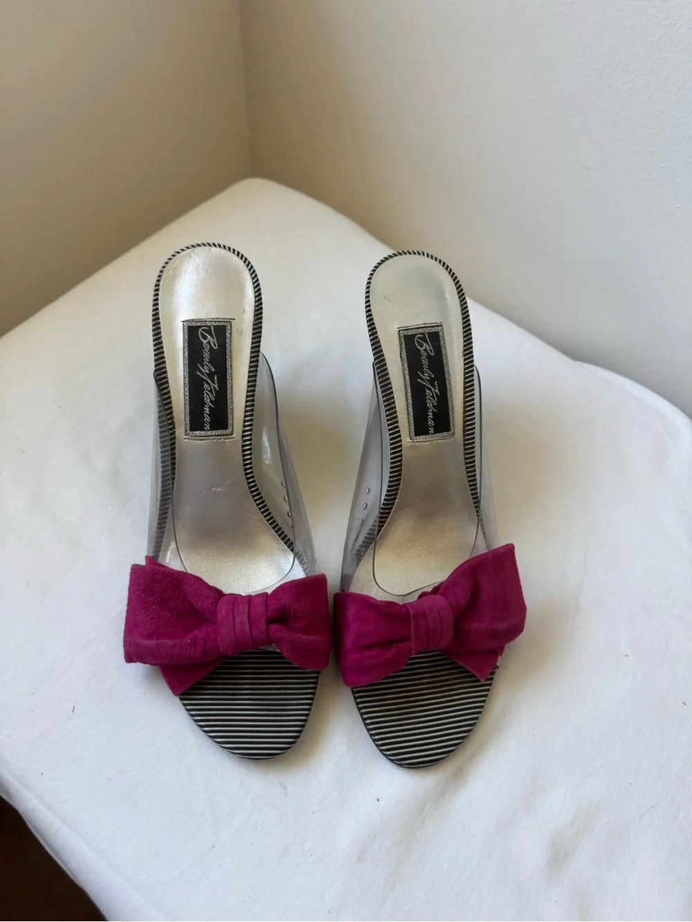 Y2K Beverly Feldman Pink Bow Clear Slingback Heels Retro Statement Shoes Size7.5